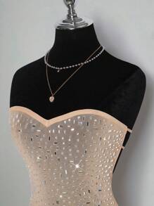 SHEIN ICON Đầm bó sát quyến rũ đính đá Rhinestone dành cho nữ - Màu Khaki - Xem 3