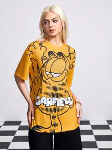 GARFIELD | SHEIN Women's Cute Cartoon Cat & Letter Print Drop Shoulder Short Sleeve T-Shirt - Orange - View 3