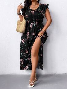 SHEIN Clasi Women's Plus Size Elegant Floral Print V-Neck Ruffle Sleeve Cinched Waist A-Line Split Dress - Black - View 5