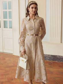 ZEYLAH Women's Lightweight Jacquard Lace Midi Shirt Dress, Romantic, Flowy, Elegant For Afternoon Tea