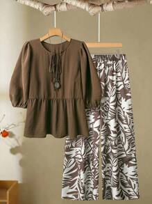 Linhara Plus Size Women's Solid Color Bow Tied Front Shirt & Printed Wide Leg Pants Casual Suit