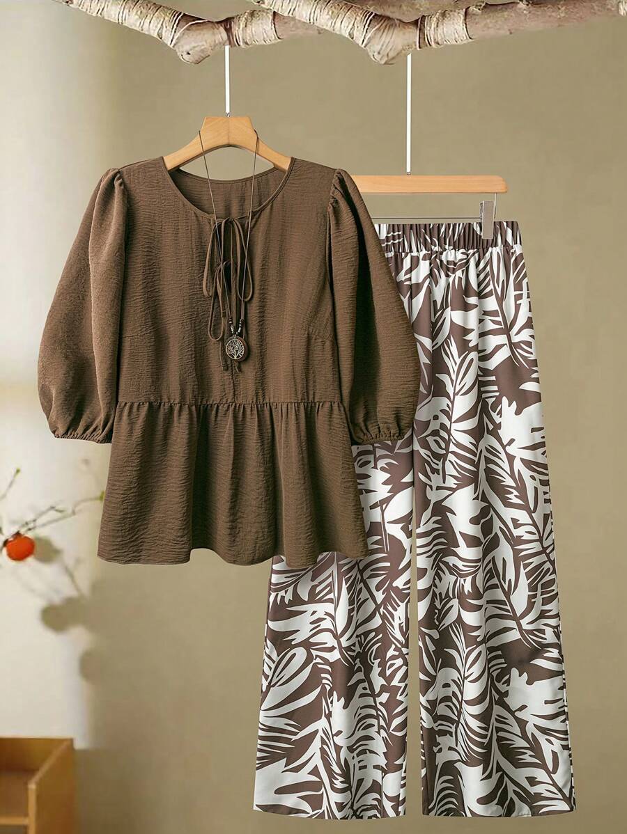 Linhara Plus Size Women's Solid Color Bow Tied Front Shirt & Printed Wide Leg Pants Casual Suit