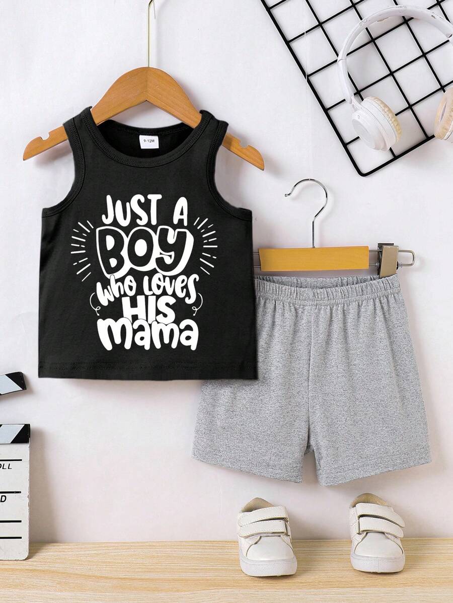 SHEIN Baby Boy Mother's Day Simple Cute Letter Slogan Print Tank Top And Shorts Set, Summer - Multicolor - View 1