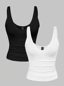 Franclia 2 chiếc/Bộ áo crop top bó sát họa tiết da báo & áo hai dây cổ chữ V màu trơn mùa hè dành cho nữ - Nhiều màu - Xem 1