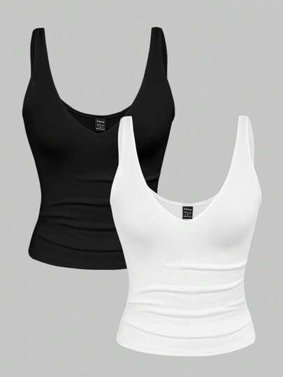 Airaco 2pcs/Set Summer Women's Fitted Crop Leopard & Solid Color V-Neck Camisole Top