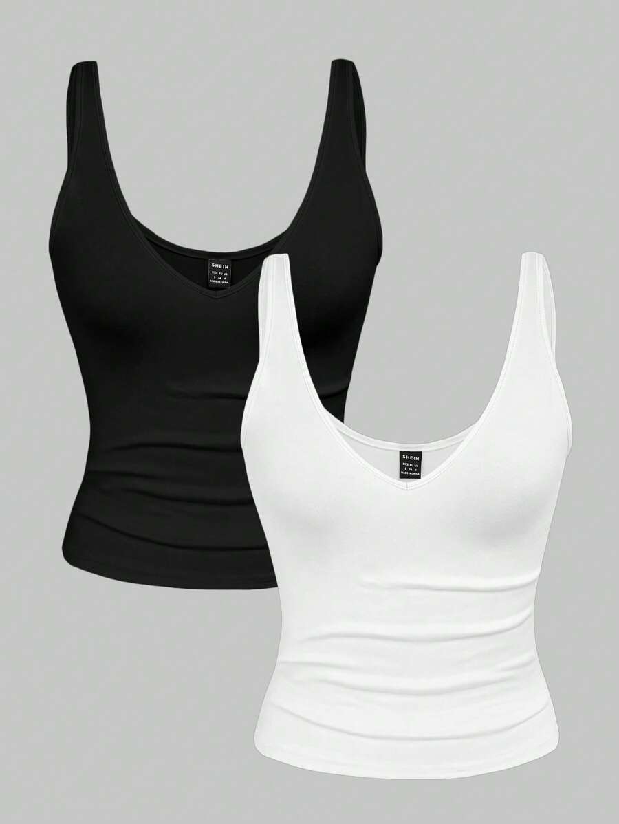 Franclia 2 chiếc/Bộ áo crop top bó sát họa tiết da báo & áo hai dây cổ chữ V màu trơn mùa hè dành cho nữ - Nhiều màu - Xem 1