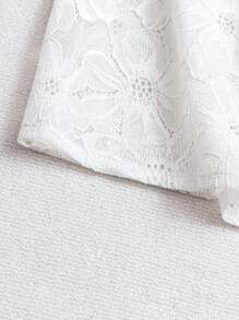 SHEIN Clasi Women's V-Neck Lace Trim Hollow Textured Floral Printed Simple Blouse, Spring/Summer - White - View 4