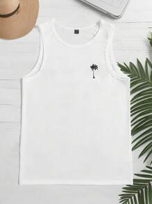 Manfinity RSRT Plus Size Men's Casual White Tank Top With Tropical Beach Palm Tree Print, Resort Vacation Style - White - View 1