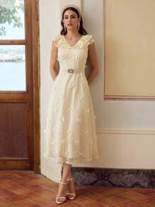 ZEYLAH Women's Elegant Solid Color 3D Lace Butterfly Decor Ruffle Hem Dress - Yellow - View 7