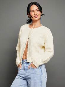 WESTFADE Spring Cable Knit Crew Neck Button Front Long Sleeve Cardigan Sweater - White - View 4