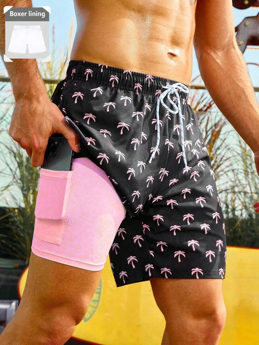 Surfspeed Men's Plus Size Coconut Tree Printed Vacation Beach Shorts With Inner Lining Milk Silk Lining - Multicolor - View 1