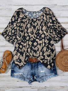 Linhara Women Plus Size Summer New Leopard Print Elegant Ruffled Sleeve Blouse - Multicolor - View 1