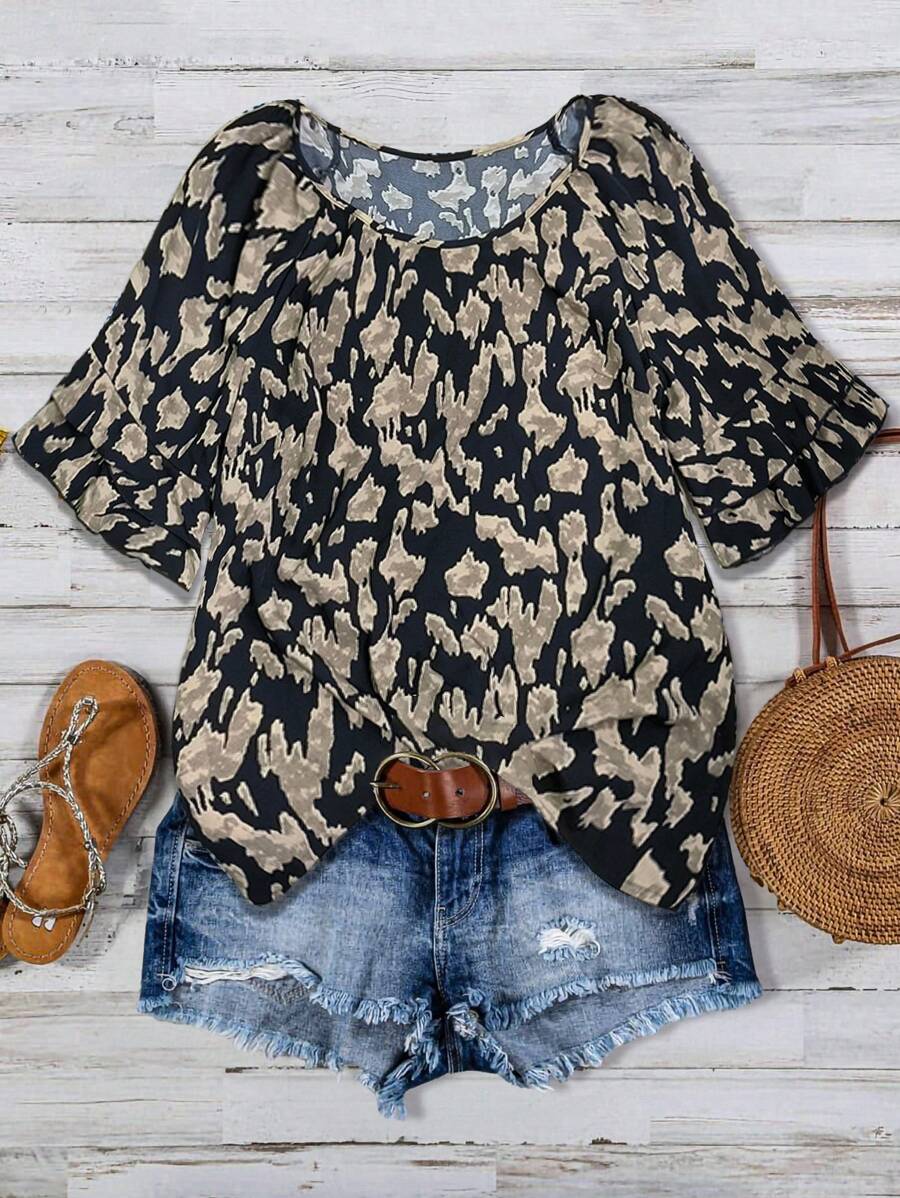 Linhara Women Plus Size Summer New Leopard Print Elegant Ruffled Sleeve Blouse - Multicolor - View 1