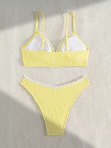 SHEIN Swim 2pcs/Set Summer New Women Floral Embroidered Layered Crop Top & Shorts Beach Outfit - Yellow - View 4