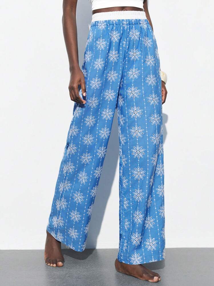 SHEIN Maija 2025 Spring/Summer New Casual Fashionable Vacation Comfy Women Blue Waistband Patchwork Pants, Suitable For Music Festivals, Beach Holidays, Daily Casual, Romantic City Vacation, Suitable For Outings, Parties, Weddings, Guest Wear, Graduation Season