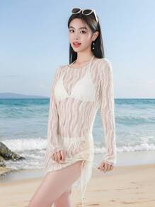 DAZY Women's Teardrop Lace Mesh Fabric One-Side Drawstring Elegant Pullover Summer Beach Cover-Up