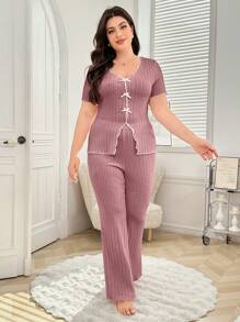SHEIN X Garcia Sisters Women Plus Size V-Neck Bow Decor Cinched Waist Slit Long Pants Pajamas Set, Casual Short Sleeve - Dusty Pink - View 5