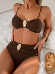 SHEIN Swim Women's 2pcs Vintage Solid Color Metal Medallion Adjustable Straps Bikini Set, Sexy Casual Holiday