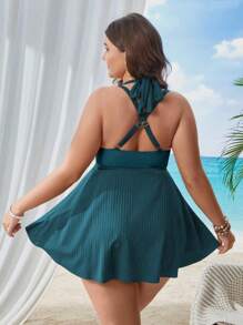 Swim Lushoire Plus Size Women 2pcs Solid Color Camisole Crop Top Bust-Enhancing High-Waisted Split Bikini Swimsuit And Skirt Beach Vacation Set For Summer - Teal Blue - View 2