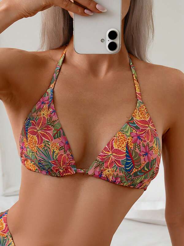 Swim Vcay Women's Beach Holiday Random Tropical Plant Print Halter Tie Sexy Triangle Bikini Top