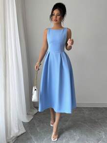 Selianne 女士优雅法式露肩收腰 A 字形褶皱无袖中长连衣裙，适合通勤、下午茶、派对 - 藍色 - 查看 4