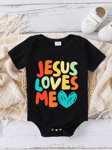 Baby Girls' Colorful Cute Letter & Heart Print Short Sleeve Bodysuit, Summer - Black - View 3