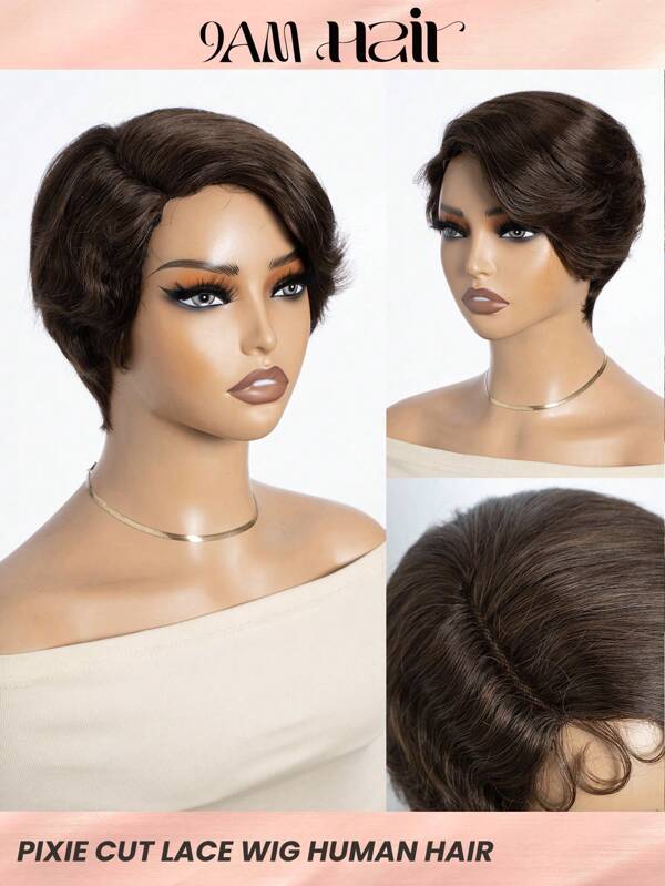 Pixie Cut Lace Wigs Human Hair Brown Short Finger Wave Pixie Wigs With Side Lace Part Glueless Short Wavy Wigs Wear & Go