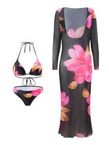 Swim Vcay 女士 3 件套 全新印花吊带比基尼泳衣，性感且具有防护作用 - 彩色 - 查看 3