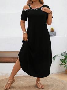 Breezaya 大码女式不对称肩部珍珠装饰休闲连衣裙