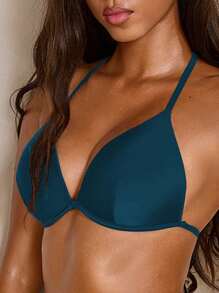 Swim Chiccia 女士纯色钢圈无聚拢性感露背比基尼上衣，海滩装 - 水鴨藍 - 查看 4