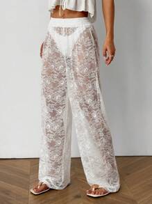 SHEIN EZwear Women's Lace Elastic Waist Wide Leg Loose Sexy Pants - White - View 1