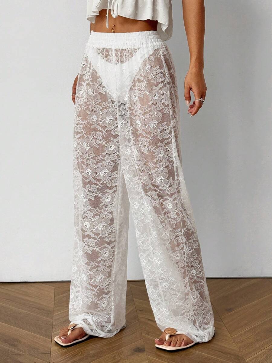 SHEIN EZwear Women's Lace Elastic Waist Wide Leg Loose Sexy Pants - White - View 1