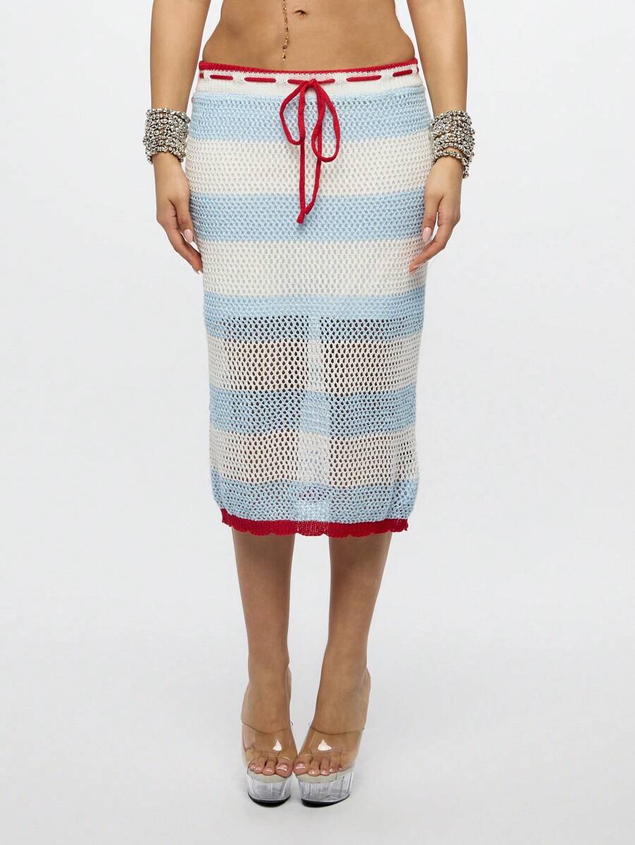 SUMWON WOMEN Crochet Knit Beach Cover Up Midi Skirt With Red Trim Detail, Summer Swimsuit Wrap Around Resort Wear Vacation Pool Lounge Boho Style Striped See-Through