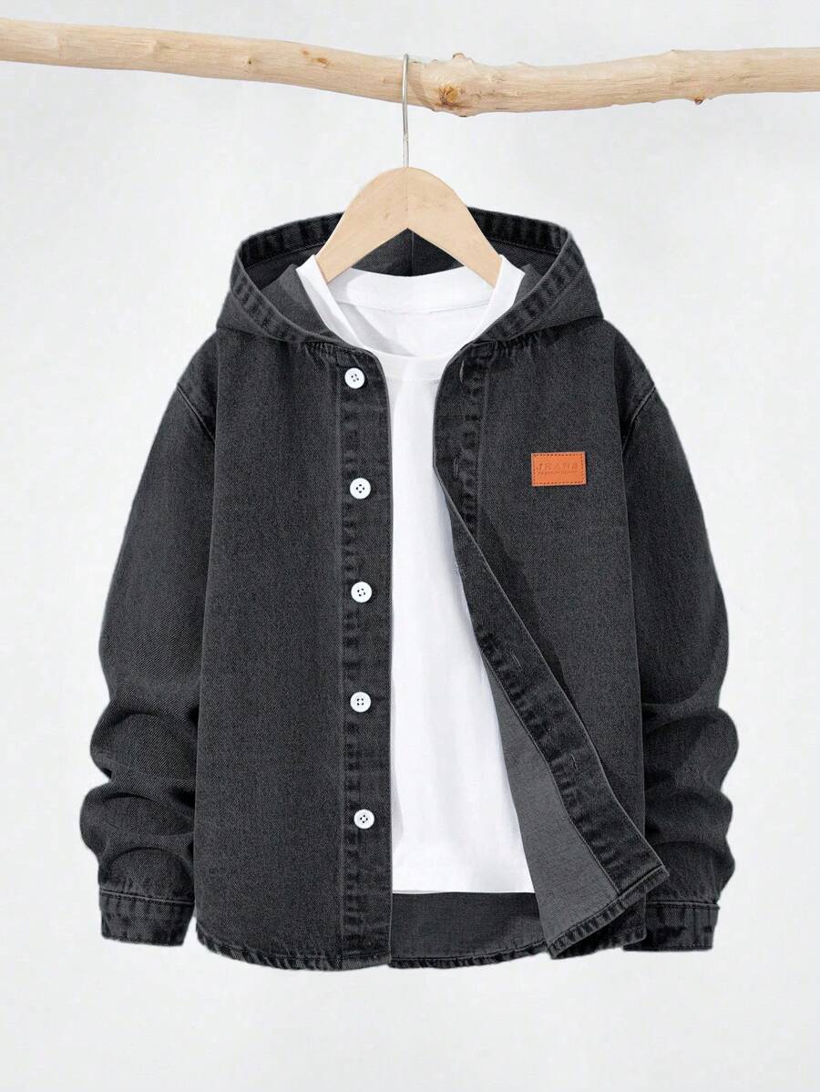 SHEIN 男童百搭休闲街头酷炫重度水洗牛仔连帽夹克、舒适水洗牛仔夹克和外套、百搭牛仔上衣 2025 - 黑色 - 查看 1