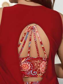 SHEIN Swim Curve Plus Size Women 3pcs Vintage Boho Printed Bikini Set With Backless Halter Top, Modest Fit - Multicolor - View 4