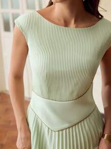 ZEYLAH Vestido elegante de unicolor con cuello redondo, mangas farol y plisado para mujer