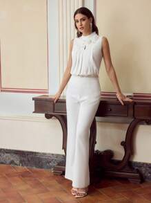 ZEYLAH Women 3D Floral Pleated Blouse, Solid Color, Minimalist, Suitable For Summer - Beige - View 3
