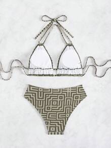 Swim Chiccia 2 件套女士条纹印花绷带褶皱泳衣