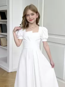 SHEIN Tween 女童方领泡泡袖收腰短袖连衣裙