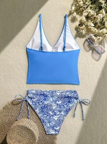 Swim Lushoire 2 件套女士佩斯利印花褶皱前系带背心和比基尼泳装套装 - 藍色 - 查看 7