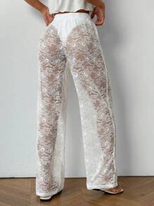 SHEIN EZwear Women's Lace Elastic Waist Wide Leg Loose Sexy Pants - White - View 2