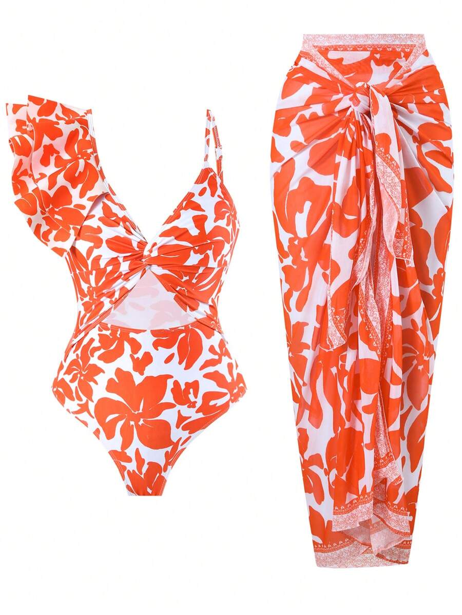 Swim Oasis 2pcs/Set Women Summer Beach Vacation Premium Leaf Print One-Piece Swimsuit With 3D Ruffle Shoulder Design And Printed Mesh Skirt - Red and White - View 1