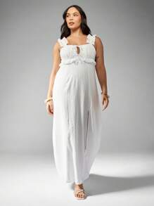 MISSGUIDED PLUS Plus Size Empire Waist Maxi Dress Eyelet Embroidered Summer Beach Vacation Ruffle Strap Side Slit Wedding Guest Sundress - White - View 3