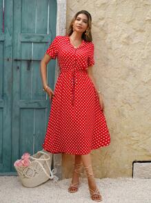 Breezaya Polka Dot Drawstring Button Front Dress Maxi Vacation Beach Outfits Women - Red - View 3
