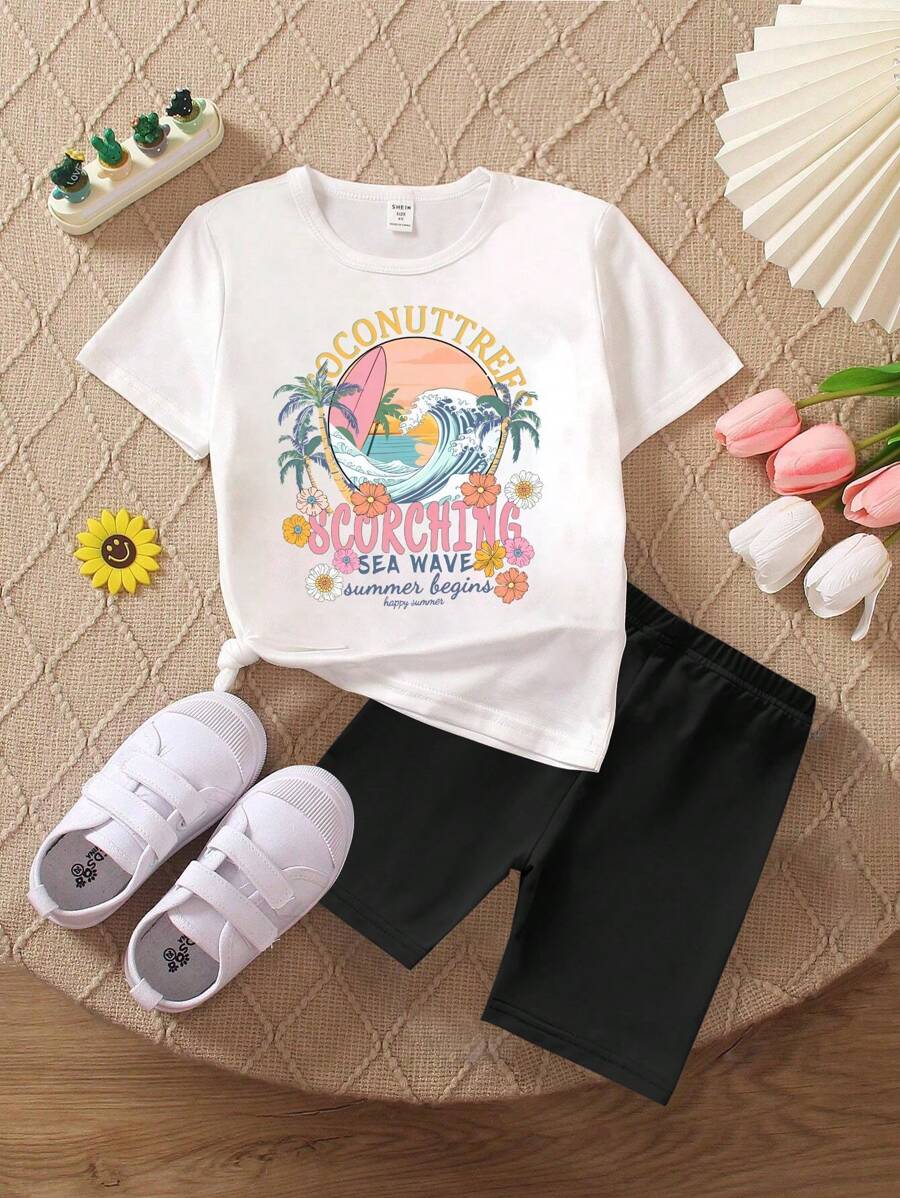 SHEIN 2pcs/Set Girls Young Girl Casual Letter, Wave & Palm Tree Print Round Neck Short Sleeve T-Shirt And Bike Shorts Set, Summer Beach Vacation Outfit, Girl Gift - Multicolor - View 1