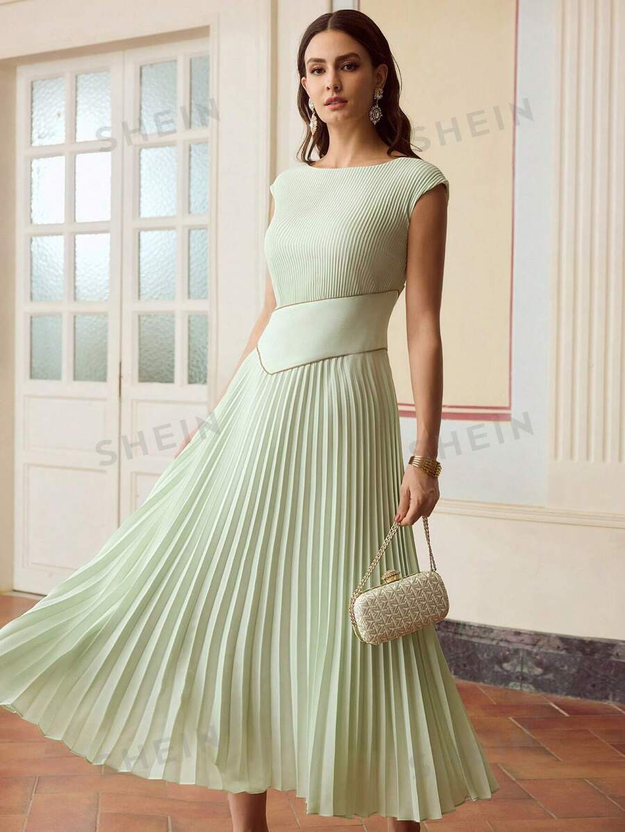 ZEYLAH Vestido elegante de unicolor con cuello redondo, mangas farol y plisado para mujer