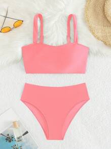 SHEIN Swim 纯色比基尼泳装 - 珊瑚粉 - 查看 6