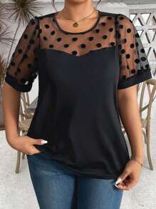 EMERY ROSE Plus Size Women Solid Color Black Round Neck T-Shirt With Mesh Dot Patchwork Design, Short Sleeve, Fashionable And Versatile For Summer - Black - View 1