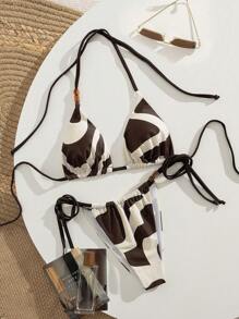 Swim Vcay Bikini para mujer, parte superior de traje de baño minimalista y vintage con decoración de tiras de color block y lazos laterales para playa y vacaciones de verano