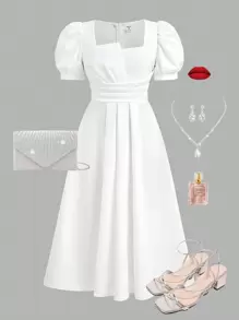 SHEIN Tween 女童方领泡泡袖收腰短袖连衣裙